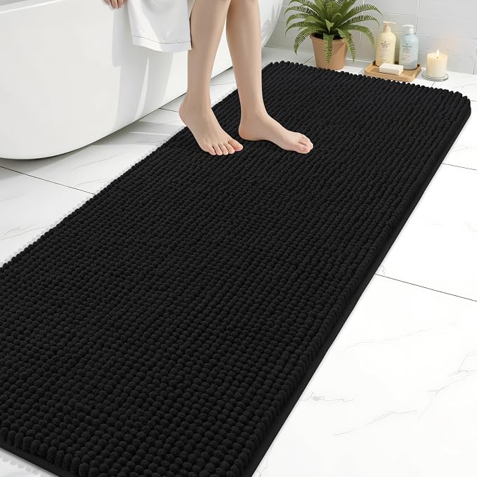Arotive Chenille Bathroom Rugs 70x24, Soft Absorbent Bath Mat, Black | Rubber Backing, Machine Washable Dry Bath Mats for Bathroom Floor, Tub and Shower, Home Decor Accessories