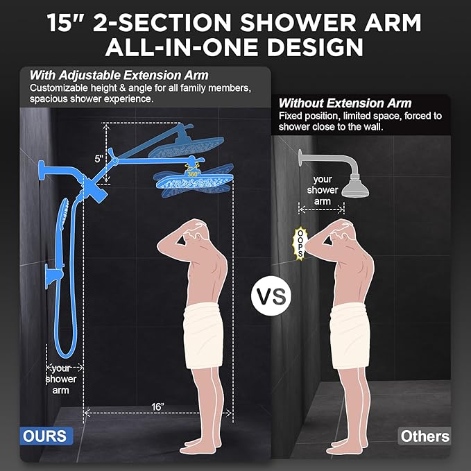 Veken 11.8" High Pressure Shower Head with Handheld, Metal Core Fittings | Handheld Shower Heads with Multi Spray Modes, Rainfall Combo, Detachable Dual Shower, Bathroom Decor, Leak-Proof, Matte Black