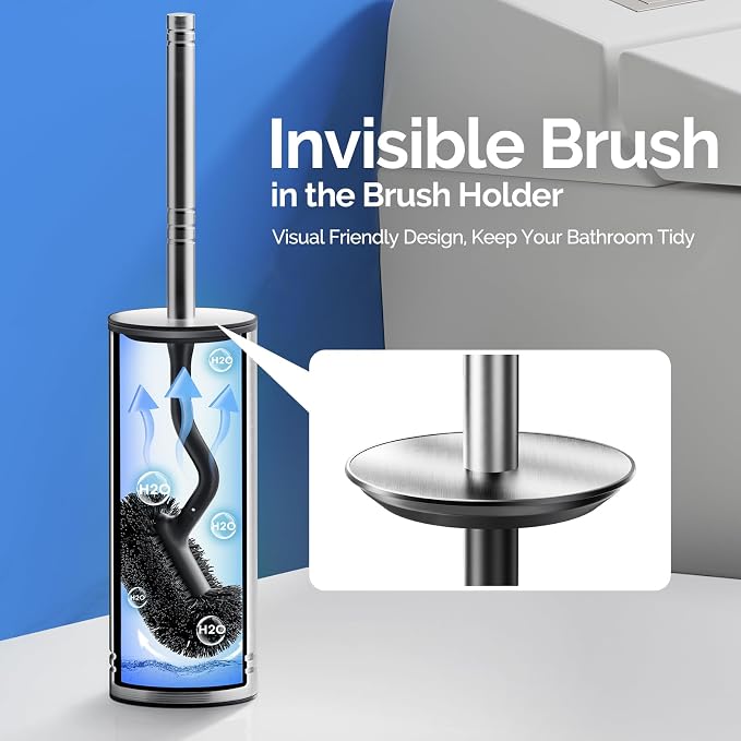 HAMITOR Toilet Brush and Holder Set Under Rim Deep Cleaning Curved Bristle | 304 Stainless Steel, Rustproof Heavy Duty, Durable Bathroom Scrubber, For Renters Homeowners Family, Silver, 2 Pack