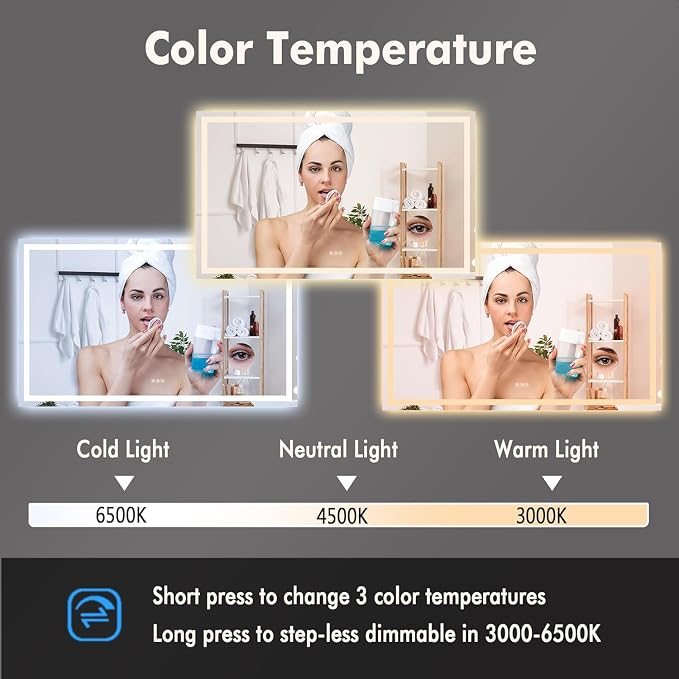 60 x 36 Inch Smart LED Bathroom Mirror，Dimmable Front + Backlit Illumination with Anti-Fog & Memory Function，Shatter-Resistant Design for Horizontal or Vertical Mounting
