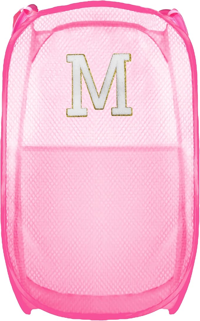 Collapsible Pop Up Laundry Hamper, Extra Large with Removable Initial Letter M, Mesh Foldable Laundry Basket, 28" x 16" x 16" (Pink)