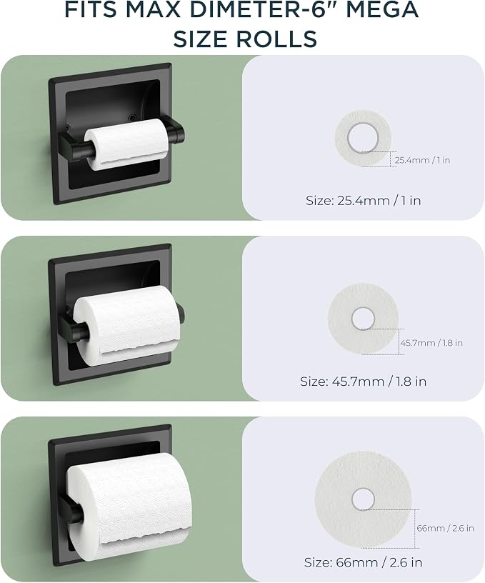 FORIOUS Recessed Toilet Paper Holder, Wall Mount Bathroom Tissue Holder | Matte Black | in Wall Toilet Paper Dispenser Insert | SUS304 Stainless Steel Rustproof | Bathroom Space Saving Design