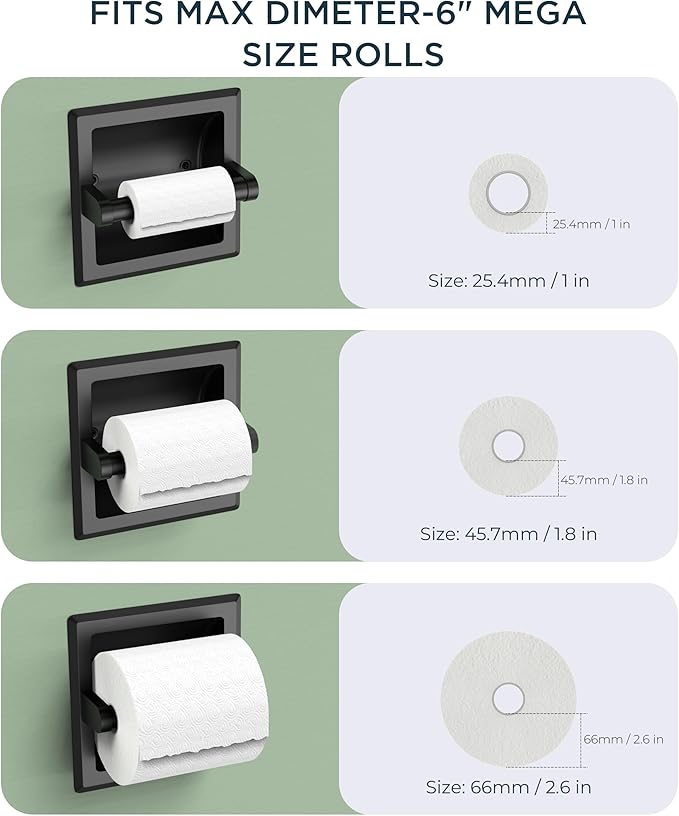 FORIOUS Recessed Toilet Paper Holder for Mega Rolls, 2 Pack Matte Black | Stainless Steel Tissue Roll Holder Wall Mount for Bathroom Space-Saving Design, in Wall Toilet Paper Dispenser Insert