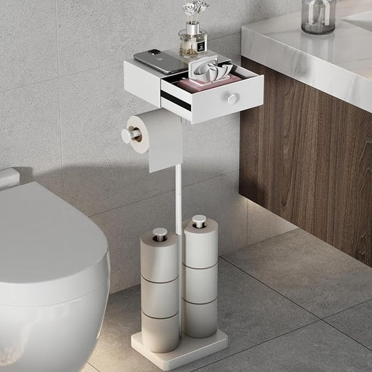 VOLDRA Toilet Paper Holder Stand with Shelf, Free Standing Toilet Paper Roll Holder with Wipes Storage Drawer Heavy Duty Floor Bathroom Tissue Holder Freestanding No Drill Tp Holder for 7 Rolls(White)