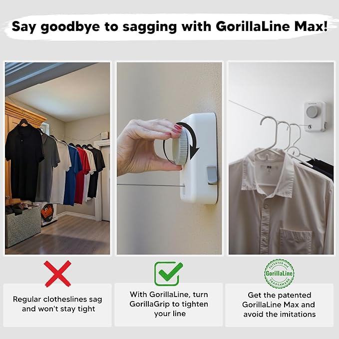 Max - Retractable Clothesline Indoor Outdoor Clothes Line - Heavy Duty Clothes Drying Laundry Line - Wall Mounted Drying Rack - Air Dry Clothing - Max Tighten with GorillaGrip