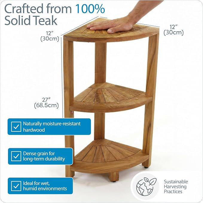 AquaTeak Kai-Petite 12" Teak Corner Shelf Stand, 3 Tier Shower Stand | Space-Saving Design, Durable Water-Resistant Teak, Anti-Slip Feet