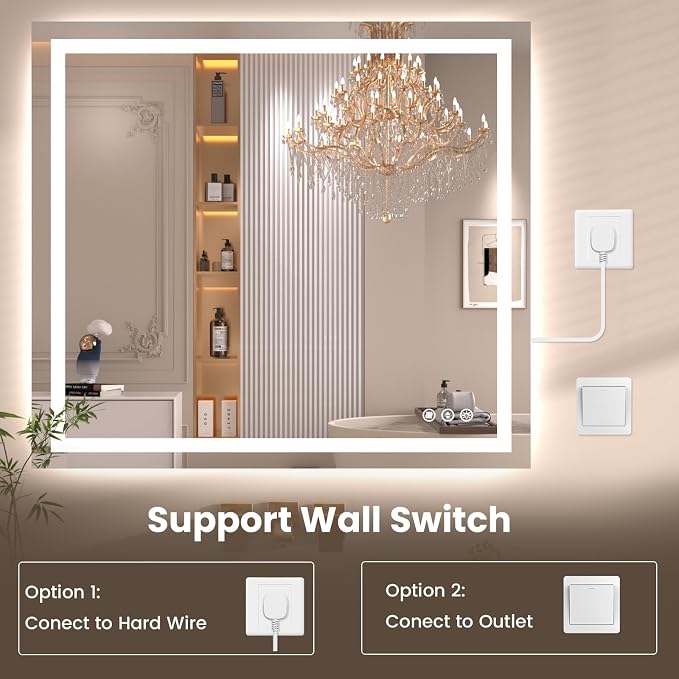 Snowdool 40 x 36 in LED Bathroom Mirror, Front and Backlit, Anti-Fog | Front and Backlit, 3 Color Temperatures, Anti-Fog, Tempered Glass