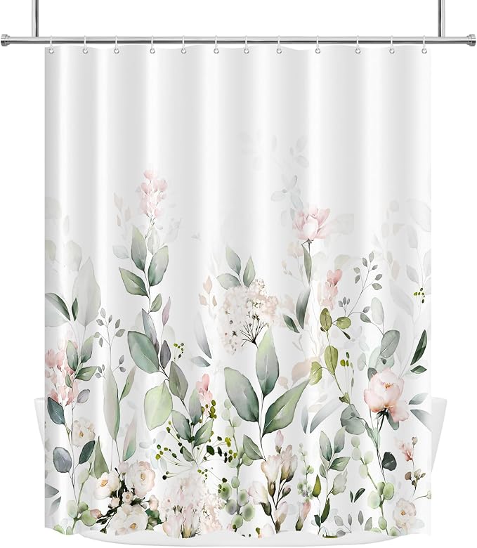 Tititex Blomming Bright Blush Pink White Floral Shower Curtain, Watercolor Green Leaves Plant Bathroom Decoration Shower Curtain Sets 71x71 Inch with Hooks