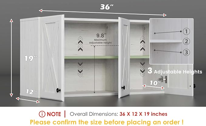FIMELLO Wall Cabinet, Bathroom Wall Cabinet,Farmhouse Wall Mounted Cabinets for Kitchen Garage Laundry Storage, Medicine Cabinet with 3 Door and Shelves, Laundry Room Wall Cabinets,White Grain