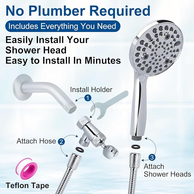 Shower Head with Handheld - Long Hose and All Metal Holder, High Pressure | All Metal Holder and Long Hose, Multi Mode Adjustment High Pressure Showerhead Sprayer