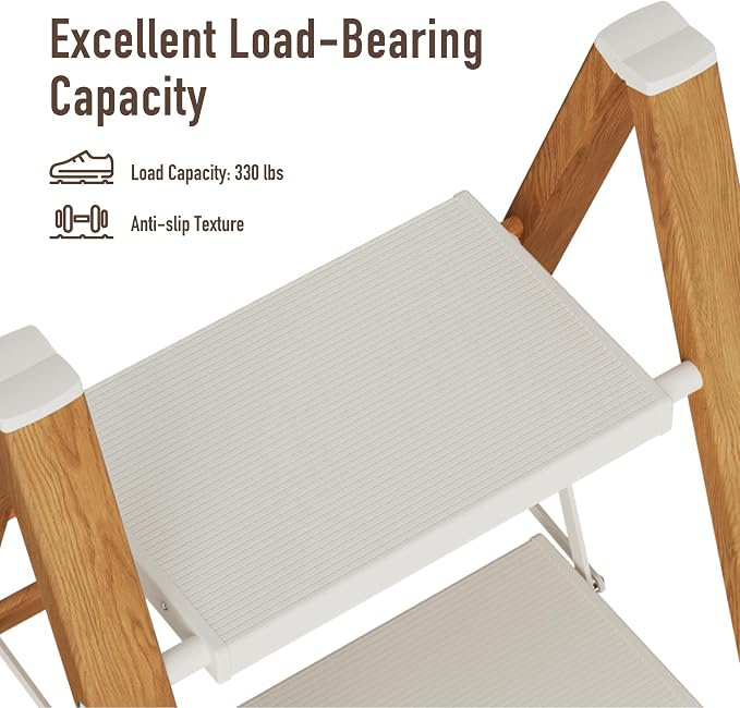 Mayi Plus 4 Step Stool Foldable, Aluminum, Lightweight Step Ladder | Extra-wide anti-slip folding steps with 330 lbs, for home,kitchen,office,outdoor,White & Woodgrain.