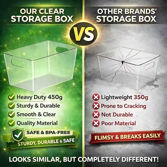 4 Pack Large Clear Plastic Storage Bins, Kitchen &Pantry Organizer | Heavy-duty 450g BPA-free PETG containers with handles for fridge, under-sink, bathroom, office, closet, and garage storage