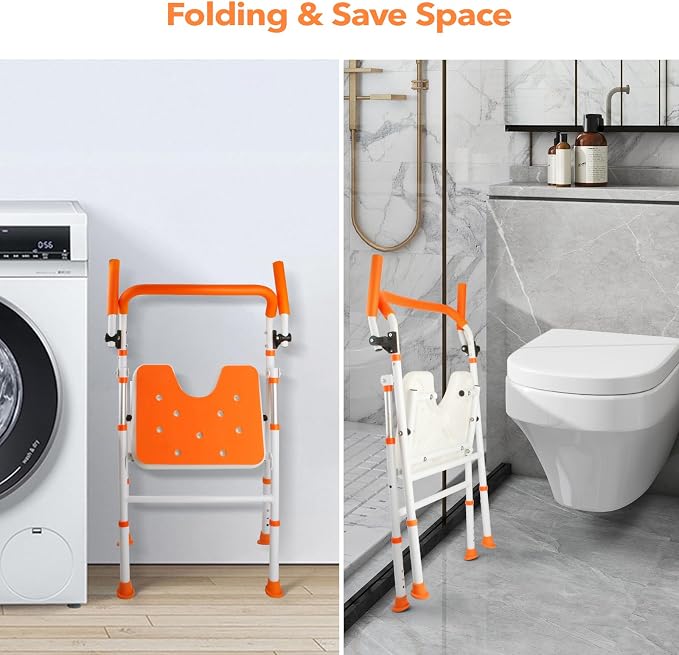 Foldable Shower Chair, Folding Bath Shower Seat for Inside Shower | Minimalist Shower Chair with Arms and Back, Height Adjustable, Portable Safety Bath Chairs for Elderly, Seniors, Disabled