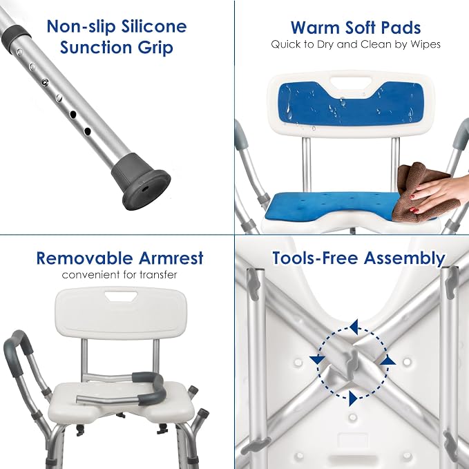 Shower Chair with Arms and Back Heavy Duty 330lbs, Shower Chair for Inside Shower, Shower Seat for Inside Shower Bathroom Chair with Cutout Seat & Cold-Proof Pads, Tools-Free Assembly