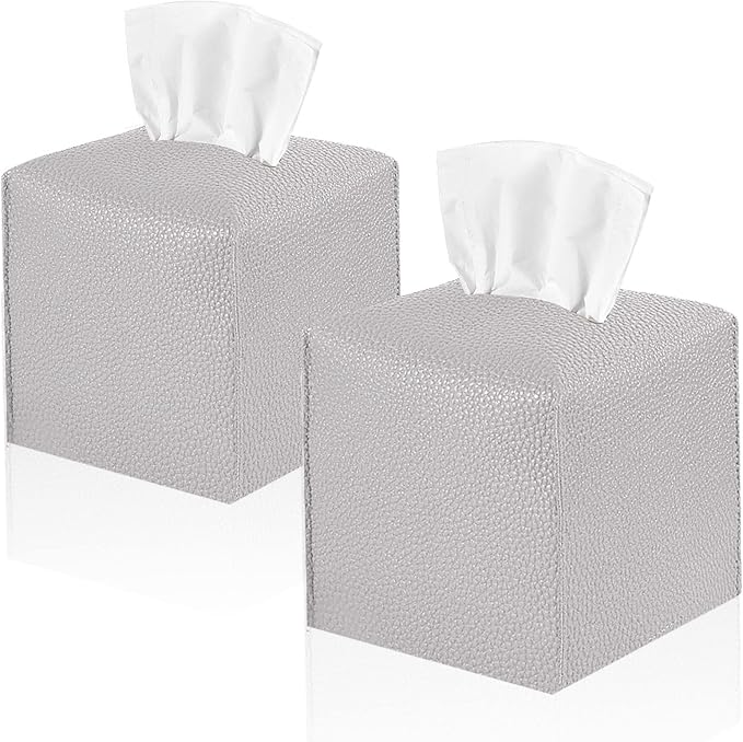 2 Pack 5"x5"x5" Square PU Leather Tissue Box Holders for Home & Office | Modern sleek design, water-resistant PU surface, fits bathroom vanity nightstand & car (Grey)