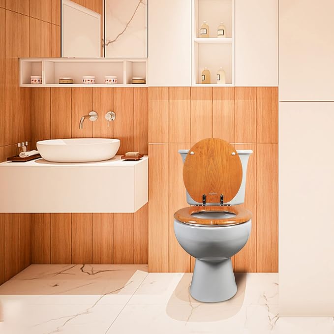 Angel Shield Elongated Toilet Seat Wood Veneer Natural Soft Close | Quick Release Metal Hinges, Adjustable Fit for Standard Elongated Toilets, Easy to Install&Clean
