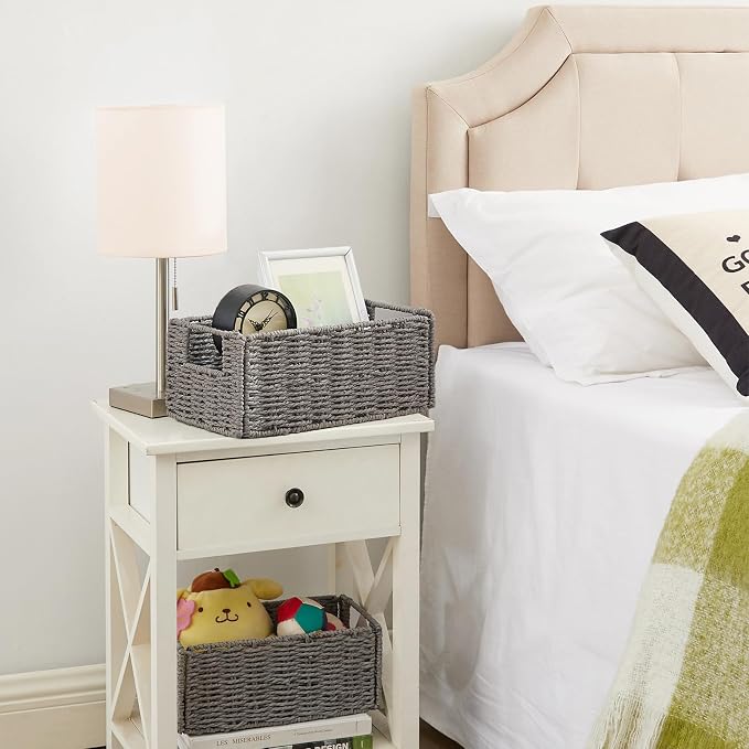 Wicker Storage Basket, Set of 2 Hand-Woven Paper Rope Wicker Basket, Small Storage Baskets for Organizing Toilet Paper, Foldable Large Cube Storage Organizer Bins for Shelves (Grey)