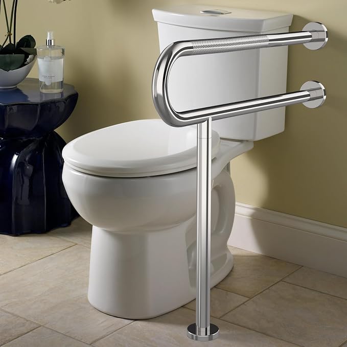 Toilet Grab Bar 32 Inch with Leg, YuanDe Chrome Anti-Slip Toilet Handrail | Wall & Floor Mounted Stainless Steel Grab Bar, Knurled Handicap Support Rail for Elderly, Disabled, Pregnant