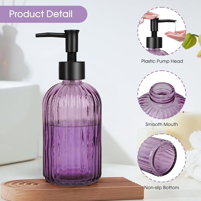 Topsky Stripe Glass Soap Dispenser with Black Plastic Pump, 400ml Liquid Hand Soap Dispenser, Rustproof Pump for Kitchen & Bathroom, Great for Lotions, Essential Oil, Liquid Soaps-Purple