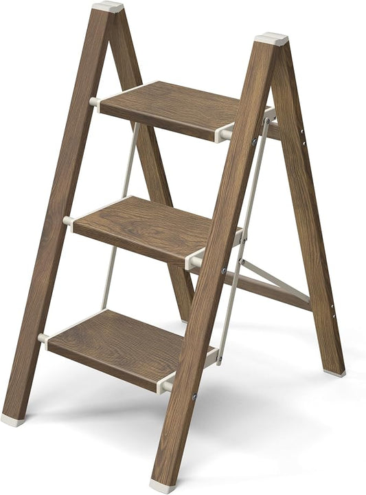 Mayi Plus 3 Step Stool Foldable, Aluminum, Lightweight Step Ladder | Extra-wide anti-slip folding steps with 330 lbs, for home,kitchen,office,outdoor,Cherry woodgrain