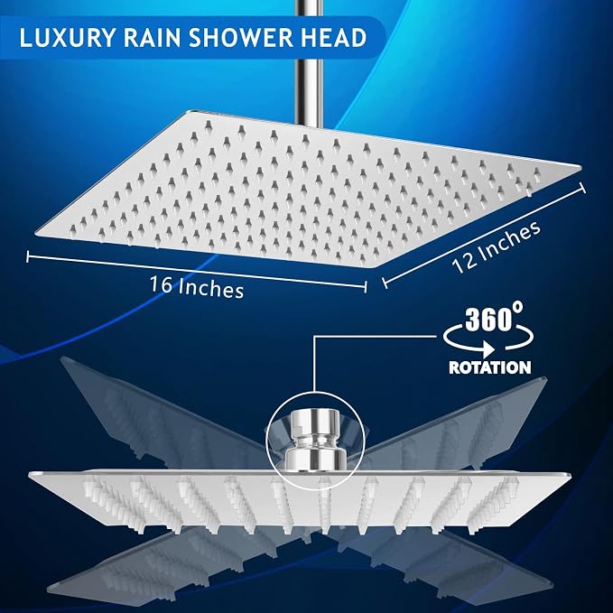 Voolan Extra Large Rain Shower Head - High Flow Square Rainfall Showerhead - Waterfall Full Body Coverage - Universal Ceiling or Wall Mount (16 * 12 Inch Rectangle, Chrome)