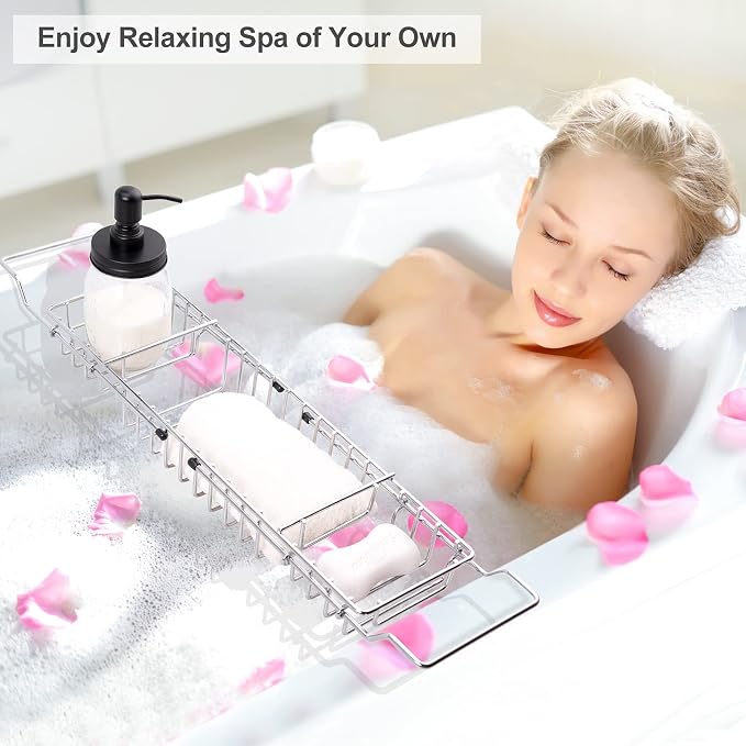 HOMEE Stainless Steel Shower Caddy Tray with Removable Book Holder Silver | European Style Extendable Rectangular Bathroom Tray for Shower Bath Phone IPad Book Holder Candleholder Table Shelf