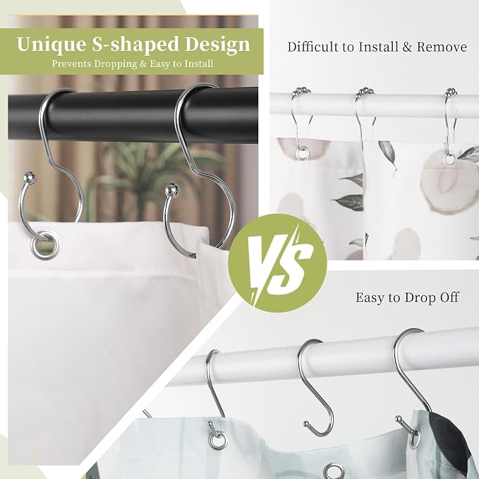 Shower Curtain Hooks, Anti-Fall S-Shaped Shower Curtain Ring, Decorative Silver Shower Curtain Hooks Rings Rust Proof Shower Rings for Curtain, Shower Hooks for Shower Curtain, 12 Pack, Chrome