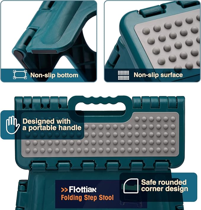 Flottian 13" Folding Step Stool for Adults and Kids Holds Up to 300 lbs,Non-Slip Folding Stools with Handle, Compact Plastic Foldable Step Stool for Bathroom,Bedroom, Kitchen Turquoise Green,1PC