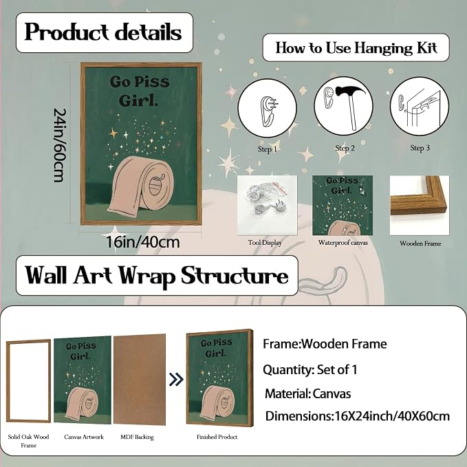 Funny Girl Bathroom Wall Art Go Piss Girl Toilet Paper Sign Wall Decor Picture Trendy Retro Moody Green Quote Restroom Poster Canvas Painting Prints 24x16 inch Wood Framed