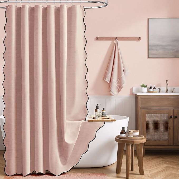 72x78 Boho Scalloped Linen Textured Cloth Shower Curtain, Blush Pink | Long Size, 230GSM Waterproof Polyester, Heavy Duty Fabric, 12 Plastic Hooks, Elegant Modern Farmhouse Style, Machine Washable