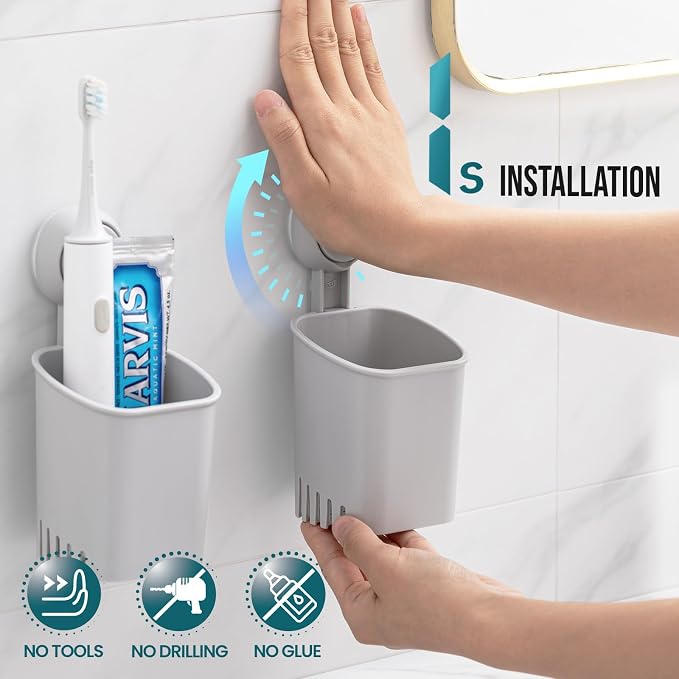 TAILI Suction Cup Toothbrush Holders for Bathroom Wall 2Pack, Gray | Shower Toothbrush and Toothpaste Holder, Drill-Free 1S Installtion, Removable Powerful Suction Cup Organizer, Self-draining