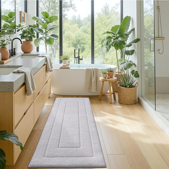 DEXI Bathroom Runner Rugs 72x24, Non-Slip and Absorbent Bath Mat, White | Machine Washable, Soft Plush Microfiber Bathmat with Rubber Back, Quick Dry Extra Long Rug for Shower, Tub, Sink