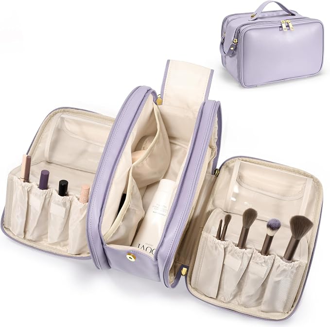 HauteHues Travel Makeup Bag Women's Large Capacity Cosmetic Portable Organizer Large Opening Waterproof Storage Toiletry Bags Vertical Free-Standing Brush Holder for Easy Access Purple