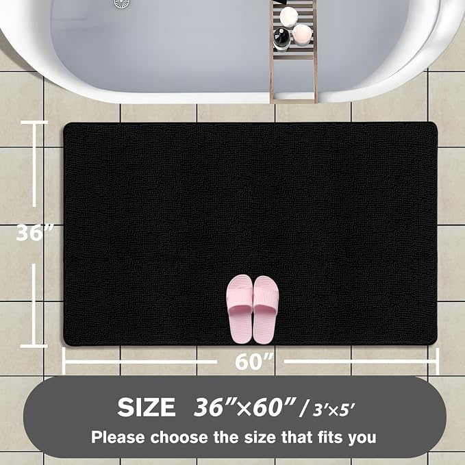 Bathroom Rugs 36 x 60 Inch – Extra Large Bath Mat | Absorbent and Washable Thick Chenille Bath Rugs Non-Slip Runner Rug for Bathroom, Shower, Tub(Black)