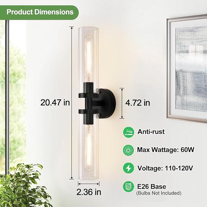 Wall Sconces Set of Two, Hardwired Matte Black Bathroom Sconces Wall Lighting with Clear Glass, Modern Sconces Wall Decor Set of 2 Bathroom Light Fixtures for Mirror Hallway (Bulbs Not Included)