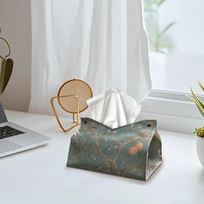 Green Floral Rrectangle Tissue Box Cover 9.8x5.9x7In | Vintage Decorative PU Leather Tissue Box Holder for Bedroom Bathroom,Boho Floral Waterproof Tissue Box Cover for Women