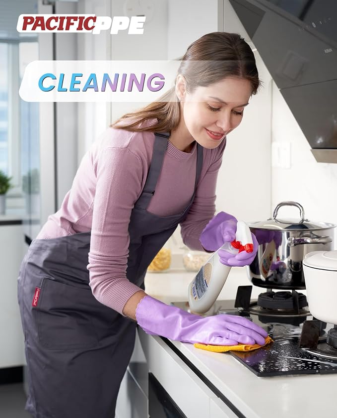 2 Pairs Cleaning Gloves, Cotton Liner, Purple+Blue, Medium | Waterproof dishwashing gloves with non-slip grip, Latex-Free, flexible fit for kitchen, bathroom, laundry & cleaning