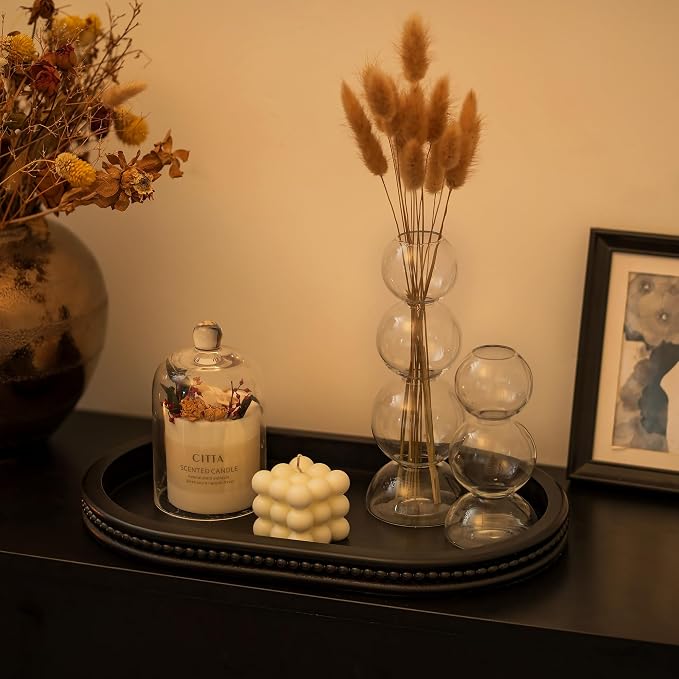 Hanobe Black Decorative Trays for Living Room Coffee Table, Beaded Edge | 15" Oval Wood Farmhouse Table Centerpiece for Kitchen Dining Entryway