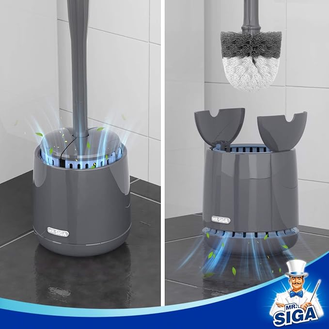 MR.SIGA Toilet Bowl Brush and Holder, Sturdy Long Handle, Gray, 1 Pack | Automatic lid design, upgraded ventilation, replaceable toilet brush head dries quickly
