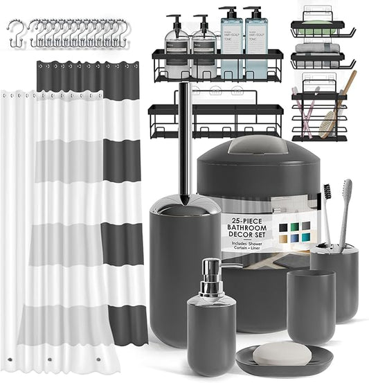 Clara Clark Bathroom Accessories Set - Bathroom Set with Adhesive Corner Shower Caddy Hanging, 25PC Bathroom Accessory Set, Grey Shower Curtain Set, Toilet Brush, Trash Can & Soap Dispenser