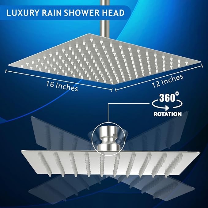 Voolan Extra Large Rain Shower Head - High Flow Square Rainfall Showerhead - Waterfall Full Body Coverage - Universal Ceiling or Wall Mount (16 * 12 Inch Rectangle, Brushed Nickel)