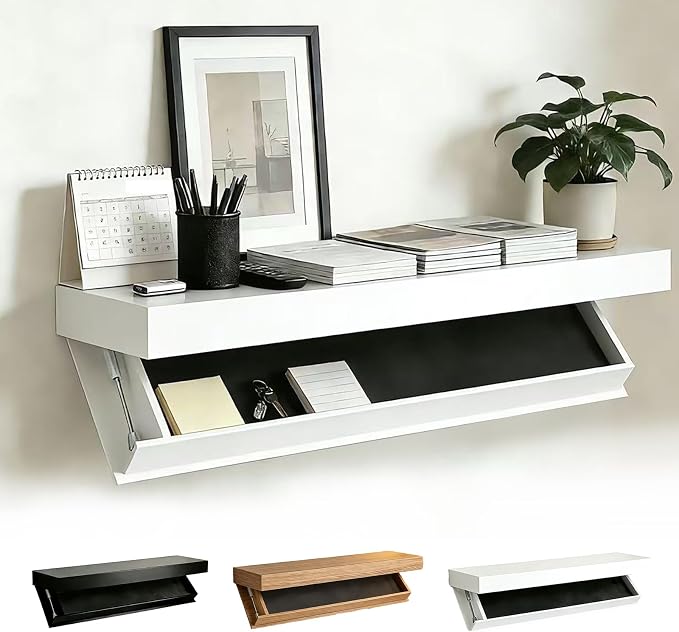 Floating Hidden Shelves for Wall with Concealed Storage Drawer, Hidden Shelf Night Stand with Secret Compartment, for Home Office Living Room, White