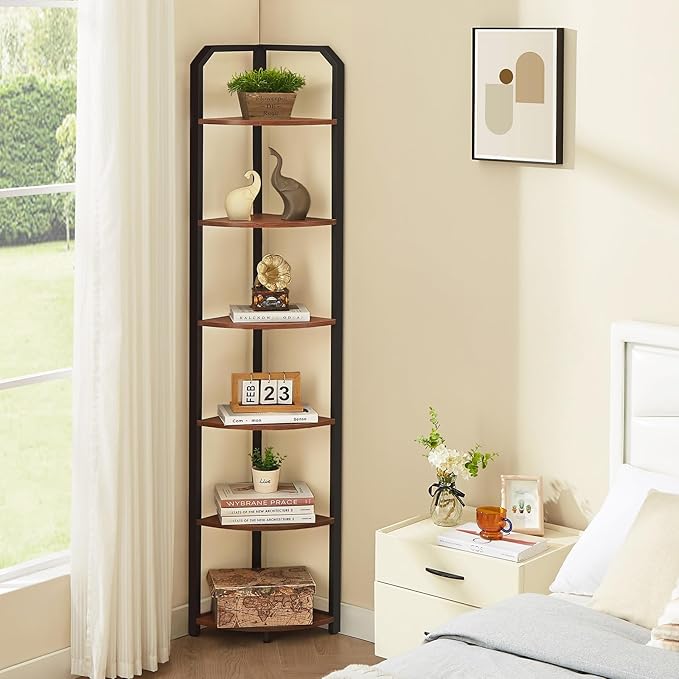MNEETRUNG 6 Tier Corner Shelf,71" Narrow Corner Bookshelf for Living Room,Bedroom,Brown
