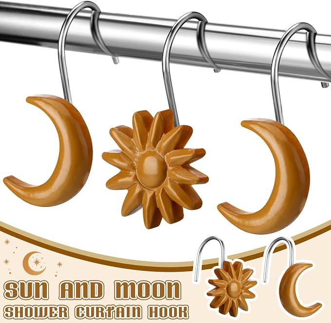 Yaocom 12 Pcs Gold Sun Moon Celestial Shower Curtain Hooks Rustproof | Boho Decorative Shower Hangers Bulk Vintage Glide Curtain Rings for Bathroom Bedroom Living Room Minimalist Decor