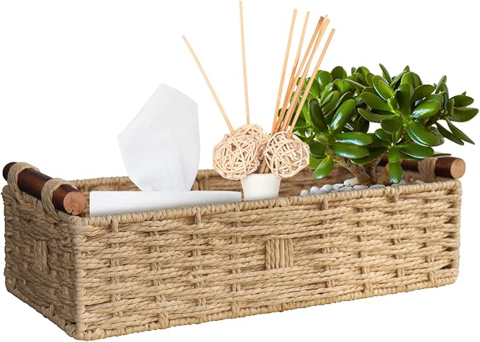 STOBSK Round Paper Rope Storage Basket with Handle, Beige, 14.5in x 6.6in x 3.74in | with Handle for Bedroom Home Decor and Shelves Apartment Countertop Use,Beige