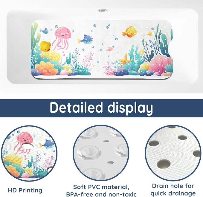 LNOND Bath Mat for Tub for Kids, Toddler Bathtub mat Non Slip, Coral Reef Fish Kids Bath Mats for Bathroom Non Slip with Drain Holes and Suction Cups,Machine Washable (40 X 16 Inch)