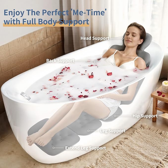 Bath Cushion, Full Body Bathtub Pillow with 160 Suction Cups, Bath Mat for Head and Neck Support, with Laundry Bag (Dark Gray, 60" x 16")