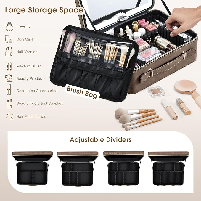 Faquenc Makeup Case with LED Lighted Mirror 11.4 Inch Travel Makeup Bag Adjustable Brightness in 3 Colors Cosmetic Organizer Artist Storage Bag with Dividers Brush Holder Bag Vanity Grey