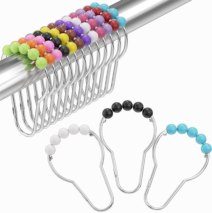 Shower Curtain Hooks, Decorative Shower Curtain Hooks, Colorful Shower Curtain Hooks, Rustproof Stainless Steel Shower Hooks for Bathroom Shower Curtain-Set of 12
