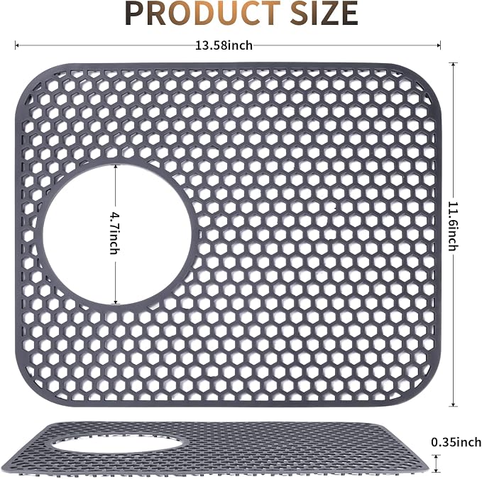 LONGFITE Sink Protector Mats 2 Pcs Silicone Kitchen Sink Mat Draining Heat Proof Mat with Rear Center Drain (Rear Drain)